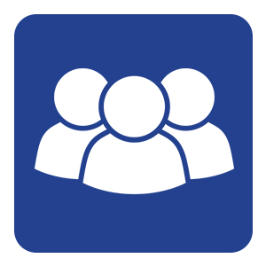 three person icon on blue field